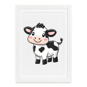 Vache de dessin animé mignonne - Design adorable et fantaisiste - Affiche encadrée (27 × 37 cm) - blanc - Devant
