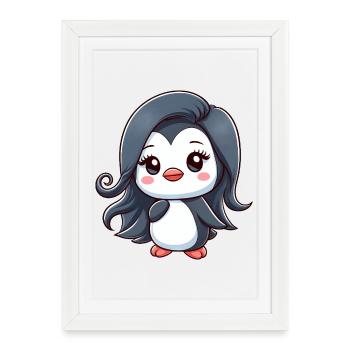 élégant dessin animé dame pingouin avec des cheveux longs - Affiche encadrée (27 × 37 cm) - blanc - Devant