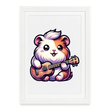 Cochon d’Inde mignon avec de la musique de ukulélé - Affiche encadrée (27 × 37 cm) - blanc - Devant