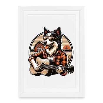 Chien de campagne avec guitare Border Collie Farm - Affiche encadrée (27 × 37 cm) - blanc - Devant