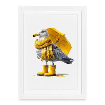 Mouette avec parapluie jaune et bottes - Affiche encadrée (27 × 37 cm) - blanc - Devant