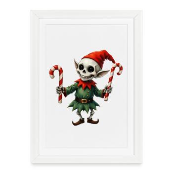 Elfe squelette de Noël avec des bâtons de marche - Affiche encadrée (27 × 37 cm) - blanc - Devant