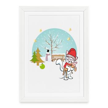 Chat avec ours en peluche en hiver - Affiche encadrée (27 × 37 cm) - blanc - Devant