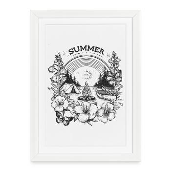 ÉTÉ - Motif de camping avec feu de camp et canoë - Affiche encadrée (27 × 37 cm) - blanc - Devant
