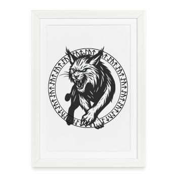 Lynx aux runes nordiques, yeux bleus - Affiche encadrée (27 × 37 cm) - blanc - Devant