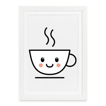 Café, thé ou tasse de cacao avec un visage kawaii - Affiche encadrée (27 × 37 cm) - blanc - Devant