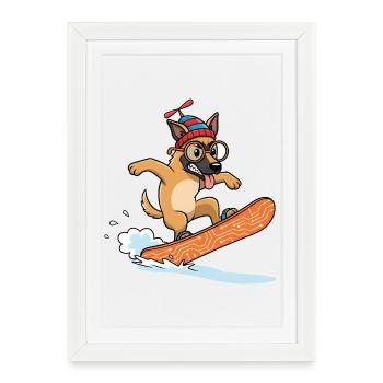 Drôle de chien de snowboard avec une casquette - Affiche encadrée (27 × 37 cm) - blanc - Devant