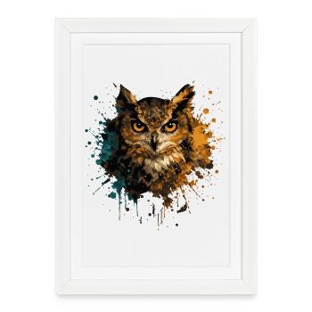 Aquarelle Hibou – Art animalier éclaboussé de couleur - Affiche encadrée (27 × 37 cm) - blanc - Devant