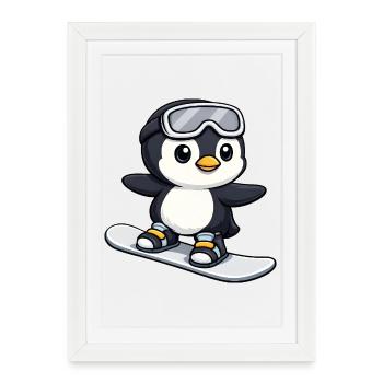 Cute Penguin Snowboard Winter Sports Cartoon - Framed poster (27 × 37 cm) - white - Front