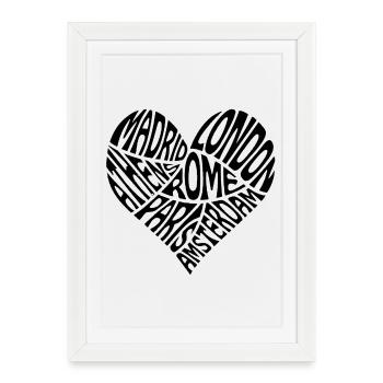 Word Heart City Break Paris Amsterdam Londres Rome - Affiche encadrée (27 × 37 cm) - blanc - Devant
