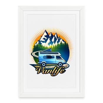 Vanlife Camper Illustration Mountain Motif - Framed poster (27 × 37 cm) - white - Front