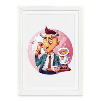 Office bull with coffee and cake - Framed poster (27 × 37 cm) - white - Front
