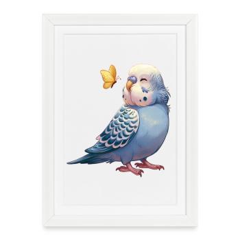 Perruche perruche avec papillon - Affiche encadrée (27 × 37 cm) - blanc - Devant