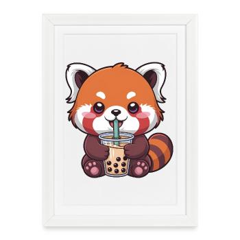 Le panda rouge de Kawaii buvant du bubble tea - Affiche encadrée (27 × 37 cm) - blanc - Devant