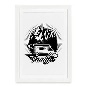 Campeurs sur la route avec la typographie Van Life - Affiche encadrée (27 × 37 cm) - blanc - Devant