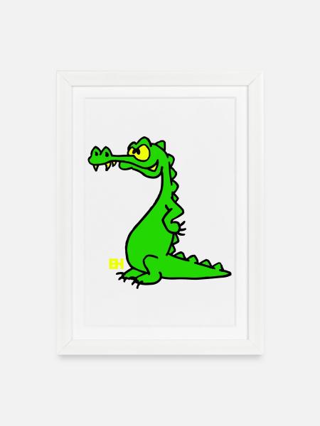 Crocodile souriant, design à trois couleurs - Affiche encadrée (27 × 37 cm) - blanc