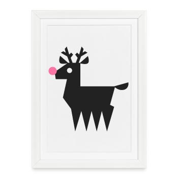 Renne Rudolf logo L noir avec nez rose fluo - Affiche encadrée (27 × 37 cm) - blanc - Devant