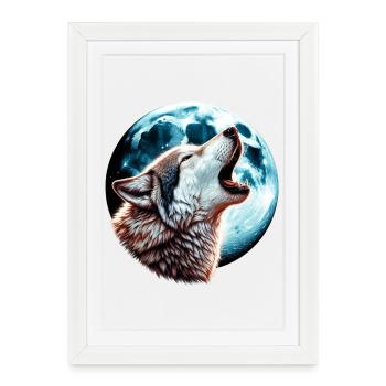 Le loup hurle à la pleine lune - Affiche encadrée (27 × 37 cm) - blanc - Devant