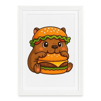 Capybara sucré Capybara avec cheeseburger rapide - Affiche encadrée (27 × 37 cm) - blanc - Devant