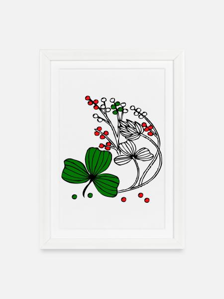 Wildblumen mit roten und grünen Beeren - Gerahmtes Poster (27 × 37 cm) - Weiß