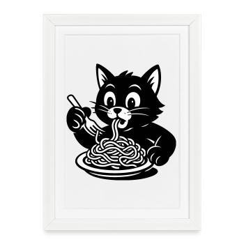 Le chat mange des spaghettis Mème - Affiche encadrée (27 × 37 cm) - blanc - Devant
