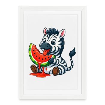 Zèbre mignon avec pastèque dessin animé d’été - Affiche encadrée (27 × 37 cm) - blanc - Devant