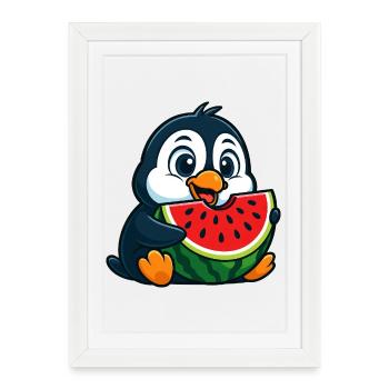 pingouin mignon avec pastèque dessin animé fruit arctique - Affiche encadrée (27 × 37 cm) - blanc - Devant
