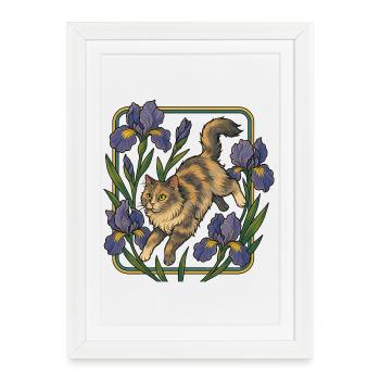 Chat élégant parmi les fleurs d'iris - Affiche encadrée (27 × 37 cm) - blanc - Devant