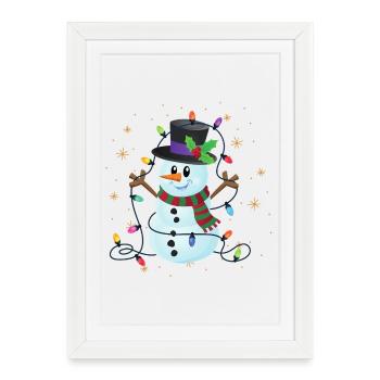 Festive Snowman with Holly Lights - Framed poster (27 × 37 cm) - white - Front
