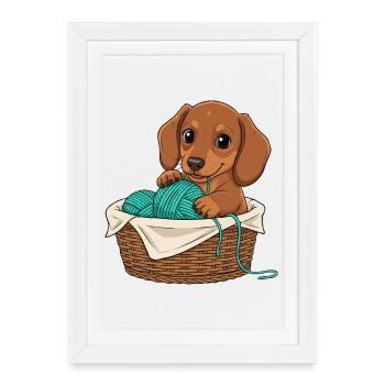 Chiot teckel dans un panier - Affiche encadrée (27 × 37 cm) - blanc - Devant