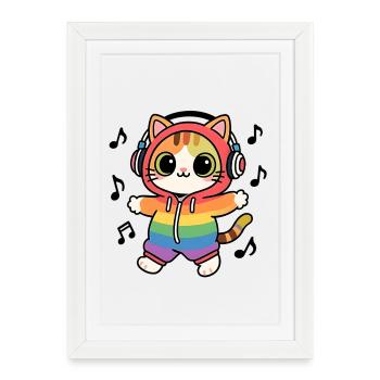 Chat arc en ciel DJ hoodie notes de musique - Affiche encadrée (27 × 37 cm) - blanc - Devant