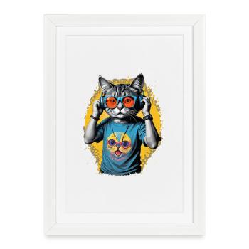 Neon Cat DJ Vibe Tee - Affiche encadrée (27 × 37 cm) - blanc - Devant