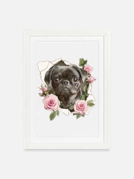 Mops Blumen Vintage - Gerahmtes Poster (27 × 37 cm) - Weiß