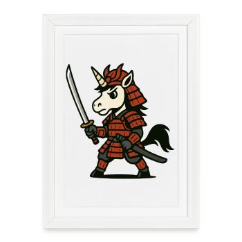 Guerrier licorne samouraï avec armure et lame rouges - Affiche encadrée (27 × 37 cm) - blanc - Devant