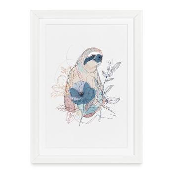 Paresseux linéaire avec fleur bleue – Style Bohème - Affiche encadrée (27 × 37 cm) - blanc - Devant