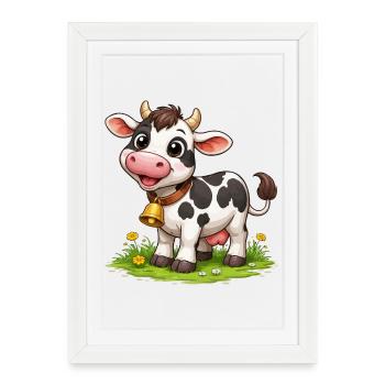 Vache avec des cloches sur le pâturage - Affiche encadrée (27 × 37 cm) - blanc - Devant
