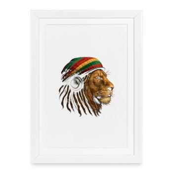 Lion avec un casque rastafari - Affiche encadrée (27 × 37 cm) - blanc - Devant