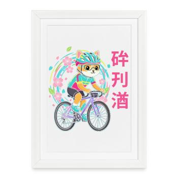 Cycliste félin néon avec des fleurs - Affiche encadrée (27 × 37 cm) - blanc - Devant