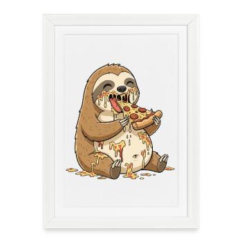 Dessin animé de paresseux mignon, pizza salami, maladroite - Affiche encadrée (27 × 37 cm) - blanc - Devant