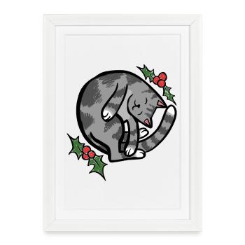 Cozy Sleepy Cat with Holly - Framed poster (27 × 37 cm) - white - Front
