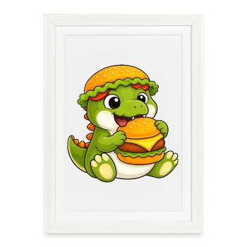 Mignon dessin animé T-Rex, Dino Burger, Reptile de restauration rapide - Affiche encadrée (27 × 37 cm) - blanc - Devant
