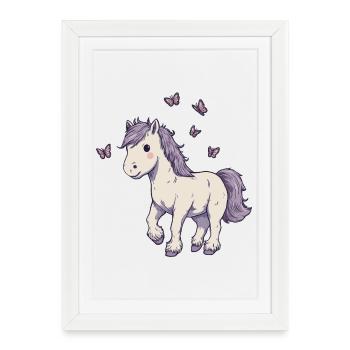 Poney mignon aux papillons - Affiche encadrée (27 × 37 cm) - blanc - Devant