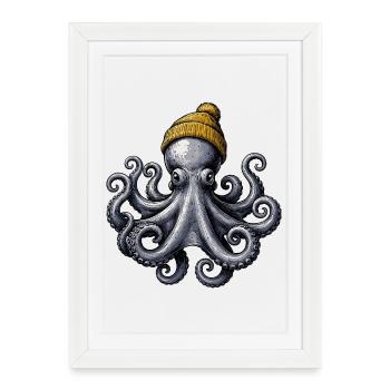 Motif de pieuvre maritime avec chapeau en laine pour - Affiche encadrée (27 × 37 cm) - blanc - Devant