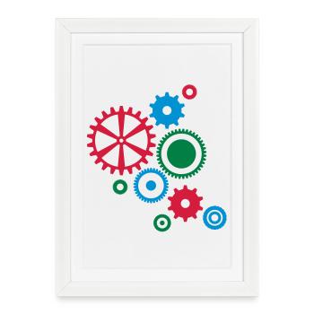 neuf roues d'engrenage dans différentes couleurs - Affiche encadrée (27 × 37 cm) - blanc - Devant