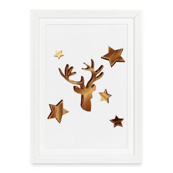 Tête de cerf en bois look avec des étoiles pour Noël - Affiche encadrée (27 × 37 cm) - blanc - Devant