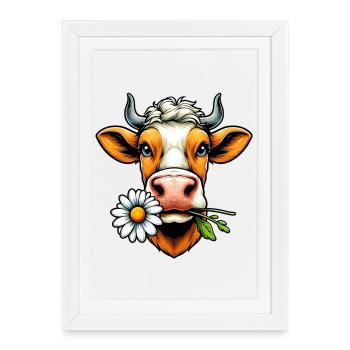 Vache avec une fleur de marguerite dans sa bouche fleurs - Affiche encadrée (27 × 37 cm) - blanc - Devant