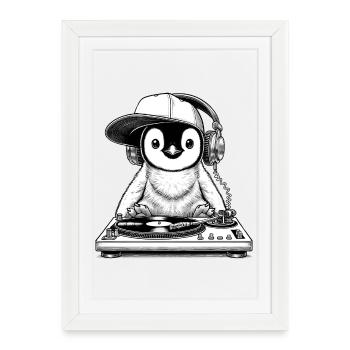 motif de pingouin cool en tant que DJ avec des écouteurs - Affiche encadrée (27 × 37 cm) - blanc - Devant