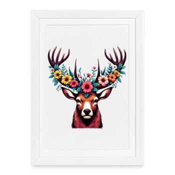 Cerf avec des fleurs - Affiche encadrée (27 × 37 cm) - blanc - Devant