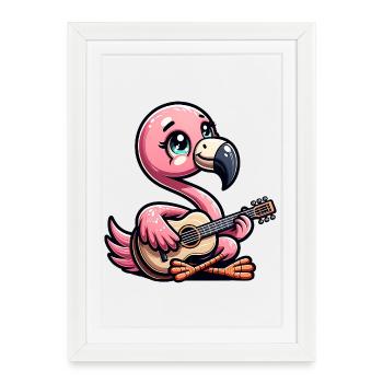 Flamant rose mignon jouant de la guitare acoustique - Affiche encadrée (27 × 37 cm) - blanc - Devant