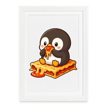 Cute Cartoon Penguin Lasagna Feeding Whimsical - Framed poster (27 × 37 cm) - white - Front